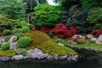 Картинка природа парк камни пруд сад деревья кусты