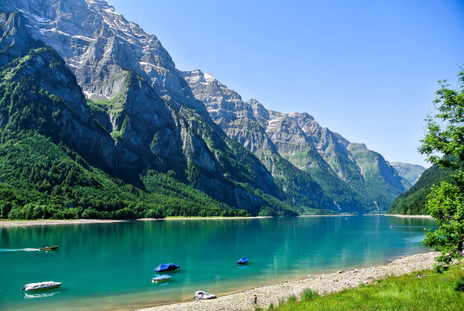Обои картинки фото природа, реки, озера, пейзаж, катера, озеро, швейцария, горы