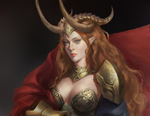 Картинка фэнтези демоны рыжие волосы взгляд девушка арт рога броня доспехи