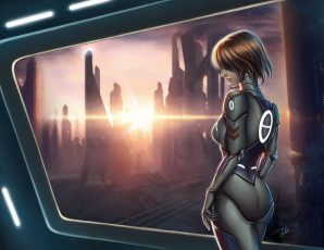 Картинка фэнтези девушки фантастика окно планета вид профиль девушка киборг sci-fi арт