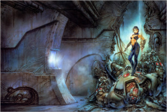 Картинка фэнтези _luis+royo ройо девушка робот киборг дыра здание