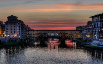 обоя города, флоренция , италия, река, вечер, мост
