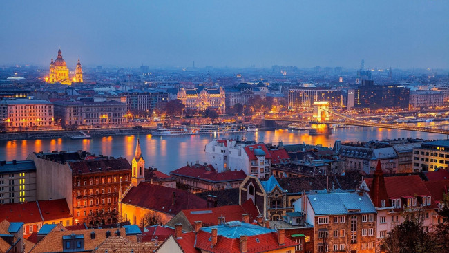 Обои картинки фото города, будапешт , венгрия, река, панорама, вечер, мост