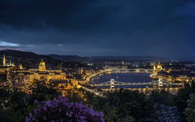 Обои картинки фото города, будапешт , венгрия, река, ночь, огни, мост, панорама