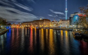 Картинка города берлин+ германия река огни вечер