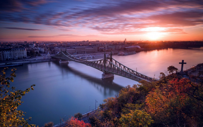 Обои картинки фото города, будапешт , венгрия, мост, река, закат