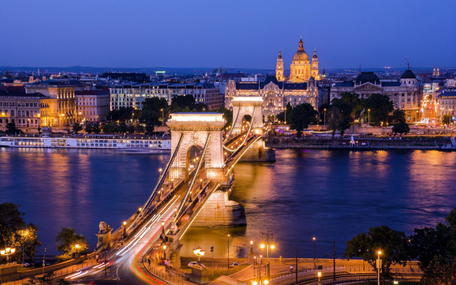 Обои картинки фото города, будапешт , венгрия, огни, вечер, мост