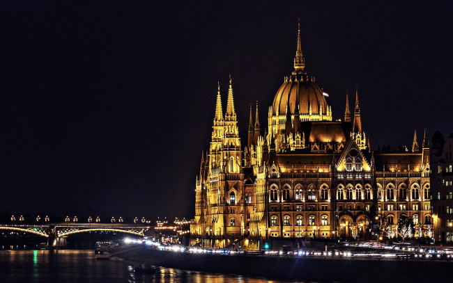 Обои картинки фото города, будапешт , венгрия, огни, вечер, река, мост