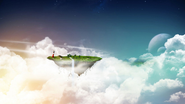Обои картинки фото 3д графика, атмосфера, настроение , atmosphere ,  mood , небо, облака, остров, водопад