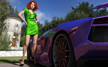 Картинка 3д+графика люди-авто мото+ people-+car+ +moto девушка фон платье автомобиль