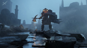 Картинка фэнтези _ghost+blade+ +призрачный+клинок монстр плащ оружие камни город дождь