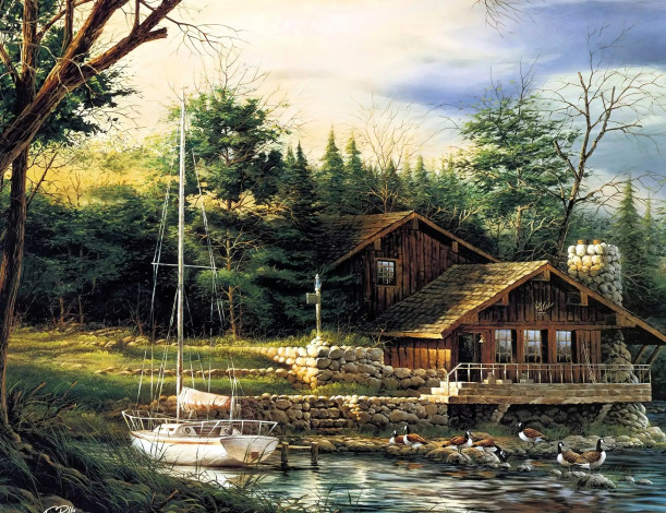 Обои картинки фото рисованное, terry redlin, дом, яхта, озеро, птицы, лес