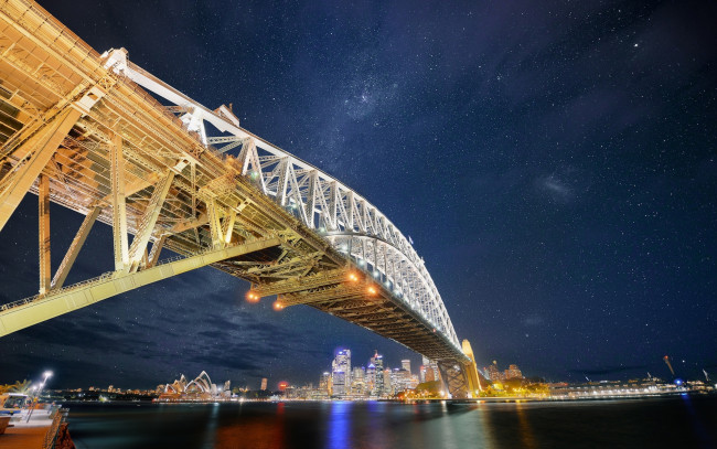 Обои картинки фото sydney, australia, города, сидней, австралия, ночной, город, мост, звёздное, небо, harbour, bridge