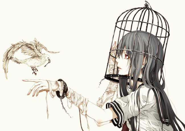 Обои картинки фото аниме, *unknown, другое, ключ, бинты, птица, клетка, девушка, bouno satoshi