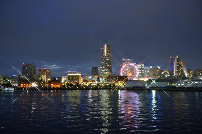 Обои картинки фото города, йокогама, Япония, ночь, отражение