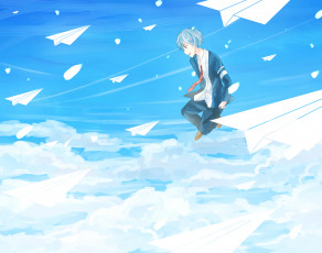 обоя аниме, *unknown , другое, парень, небо, облака, арт, самолётики, синива