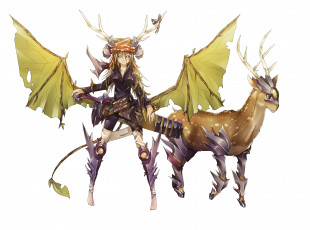 обоя аниме, -angels & demons, рога, девушка, sinlaire, арт, олень, броня, оружие, животное, крылья