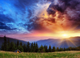 Картинка природа восходы закаты трава пейзаж закат ели горы небо