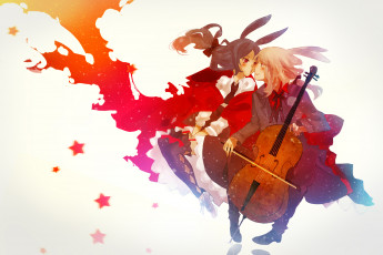 Картинка аниме -headphones+&+instrumental музыкальный инструмент уши мальчик девочка звезды облака