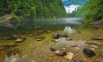обоя природа, реки, озера, canada, british, columbia, туман, камни, канада, лес, горы, река, деревья