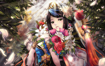 Картинка аниме *unknown+ другое листья лепестки украшения девушка цветы букет
