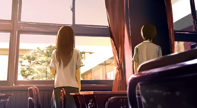 Обои картинки фото аниме, *unknown , другое, парень, окно, школа, класс, девушка, loundraw, арт