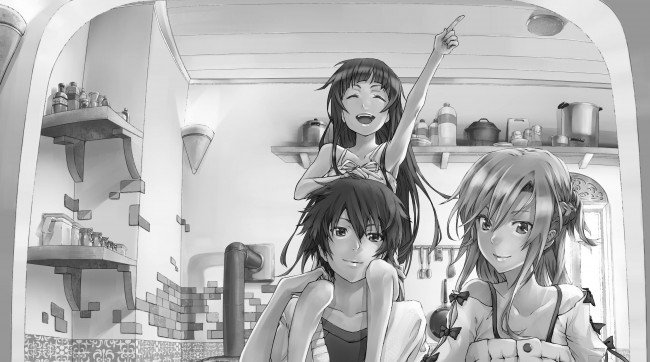 Обои картинки фото аниме, sword art online, девочка, семья, девушка, парень, sword, art, online, любовь, банки, чёрно-белое, кухня, улыбка, счастье