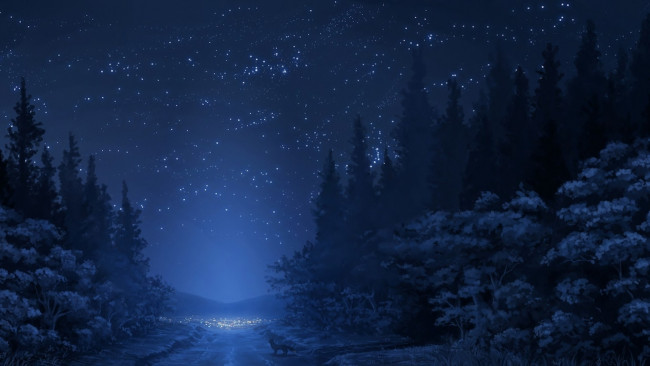 Обои картинки фото рисованные, природа, небо, деревья, зима, дорога, горы, снег, лес, лиса, звезды, ночь