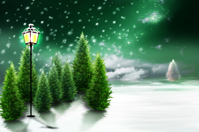 Обои картинки фото рисованные, природа, снег, фонарь, деревья