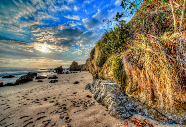 Обои картинки фото природа, побережье, океан, скалы, пляж, горизонт, солнце