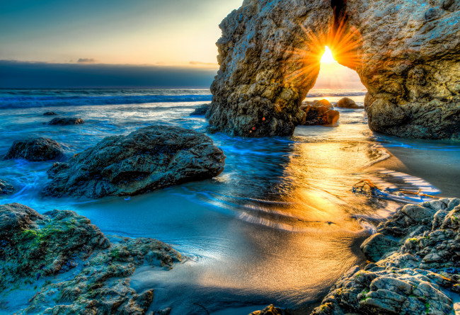 Обои картинки фото природа, восходы, закаты, океан, скалы, арка, горизонт, солнце