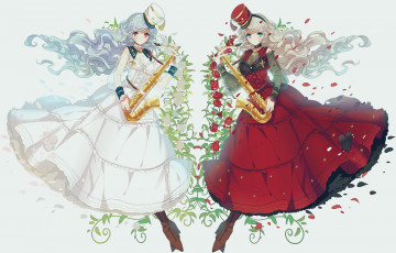 Картинка аниме музыка цветы miemia лепестки саксофон девушки платье
