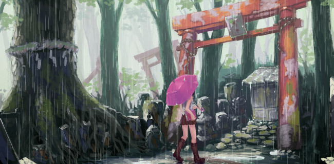Обои картинки фото аниме, touhou, деревья, стволы, дождь, лес, зонт, девушка, арт