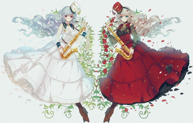Обои картинки фото аниме, музыка, цветы, miemia, лепестки, саксофон, девушки, платье