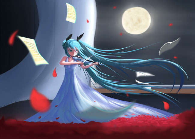 Обои картинки фото аниме, vocaloid, девочка, hatsune, miku, листы, луна, волосы, музыка, скрипка, ночь