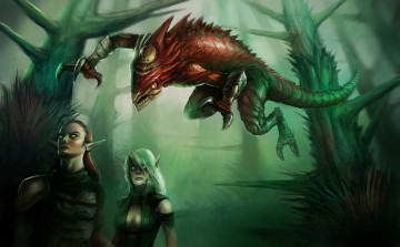 Картинка фэнтези эльфы нападение монстр существо лес