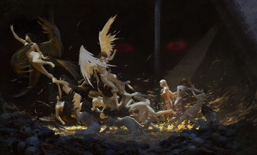 Картинка фэнтези ангелы девушки фон крылья драка