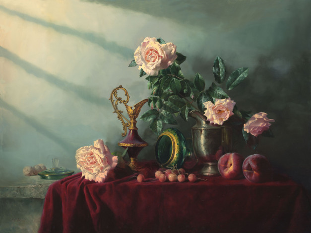 Обои картинки фото рисованное, алексей антонов, стол, посуда, розы, персики, черешни