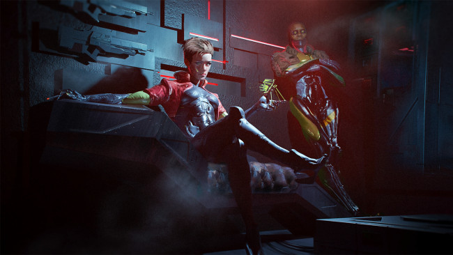 Обои картинки фото видео игры, cyberpunk 2077, девушка, мужчина, оружие