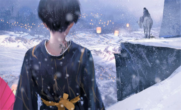 Картинка фэнтези _ghost+blade+ +призрачный+клинок девушка зонт стена снег всадник