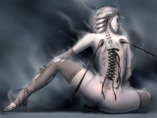 Картинка фэнтези существа девушка пирсинг шнуровка чулки дырки