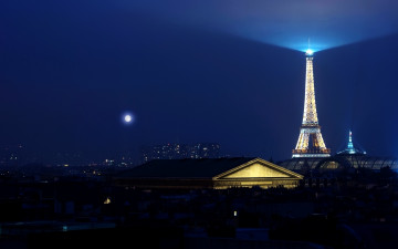 обоя парижская, ночь, города, париж, франция, дома, луна, эйфелева, башня, свет