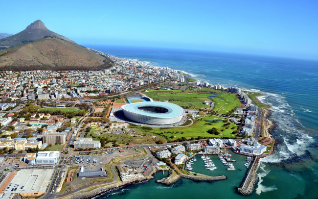 Обои картинки фото cape, town, города, кейптаун, юар, панорама, океан, гора, бухта, причалы