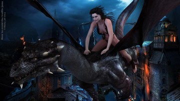 Картинка 3д+графика фантазия+ fantasy полет дракон взгляд девушка