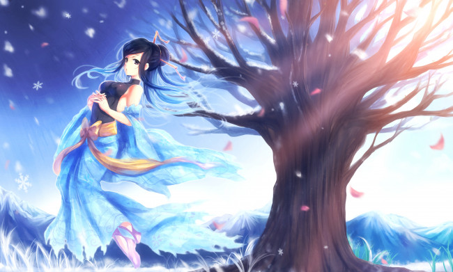 Обои картинки фото аниме, *unknown , другое, синие, длинные, волосы, арт, дерево, снежинки, небо, девушка