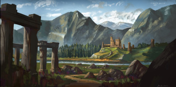 Картинка рисованное природа горы замок река руины облака лес