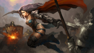 Картинка фэнтези девушки арт плащ битва меч воин девушка