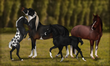 Картинка рисованное животные +лошади лошади фон лошадки