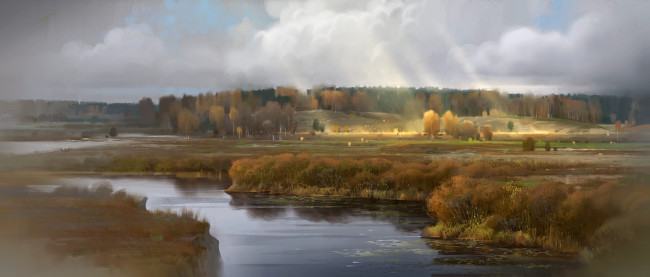 Обои картинки фото рисованное, живопись, пейзаж, арт, лес, речка, россия, река, русь, поле