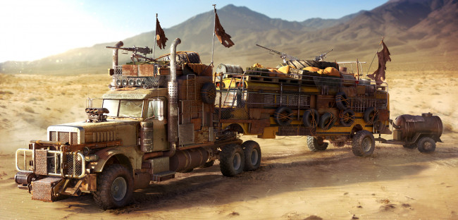 Обои картинки фото фэнтези, транспортные средства, fallout, truck, wasteland, desert, school, bus, грузовик, автобус, пустыня, postapocalyptic
